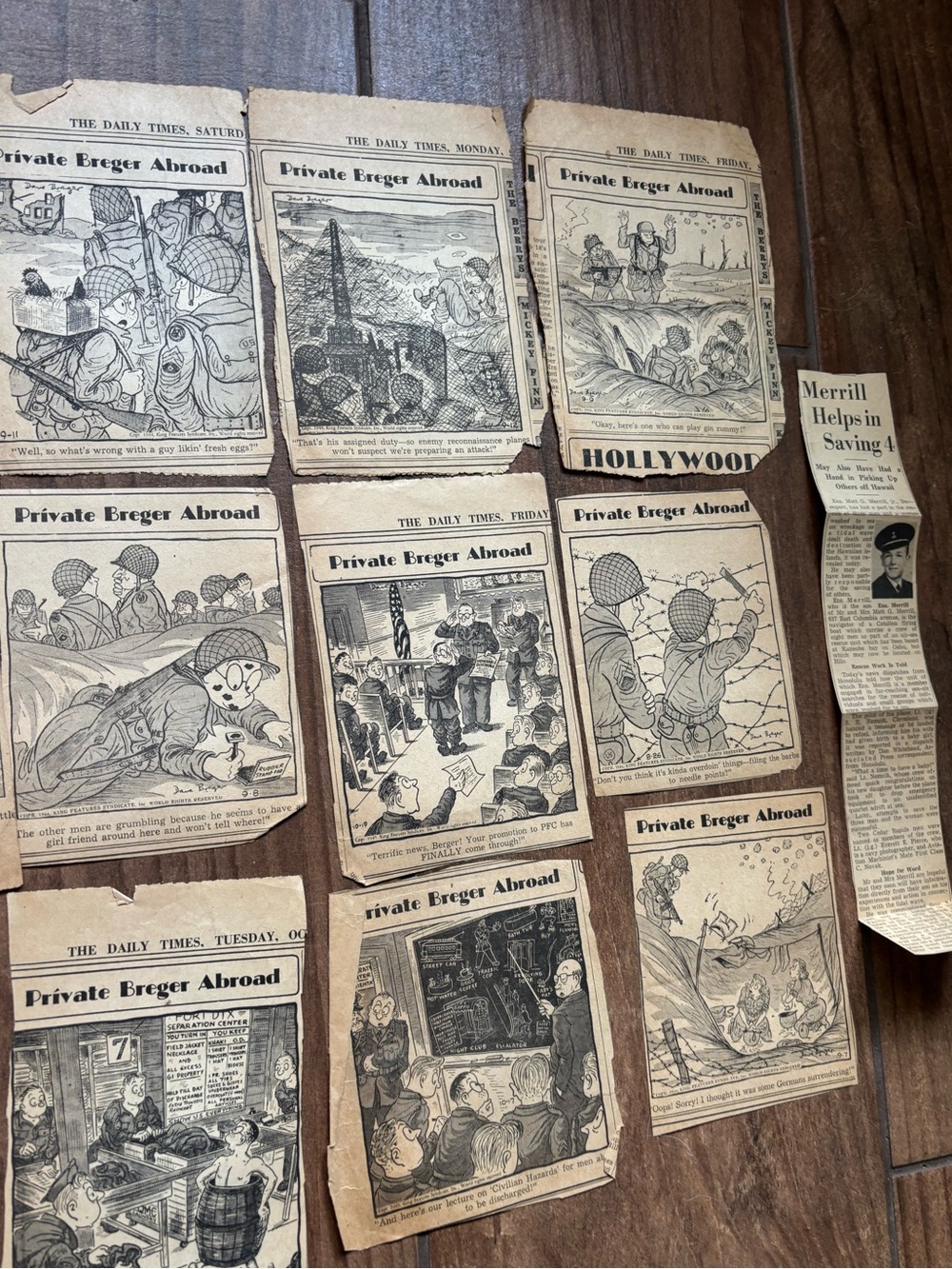 Vintage WWII 1944 Private Breger Abroad Military Newspaper Cartoon Clippings Lot